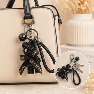 Black Teddy‎ Bear Keychain Braided Leather Strap Bag Charm Love Is Eternal Bow